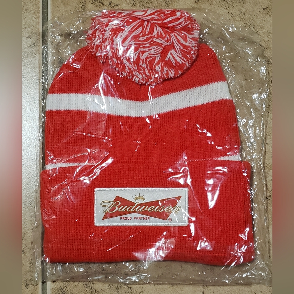 Budweiser Red and White Pom Beanie Brand New In Packaging